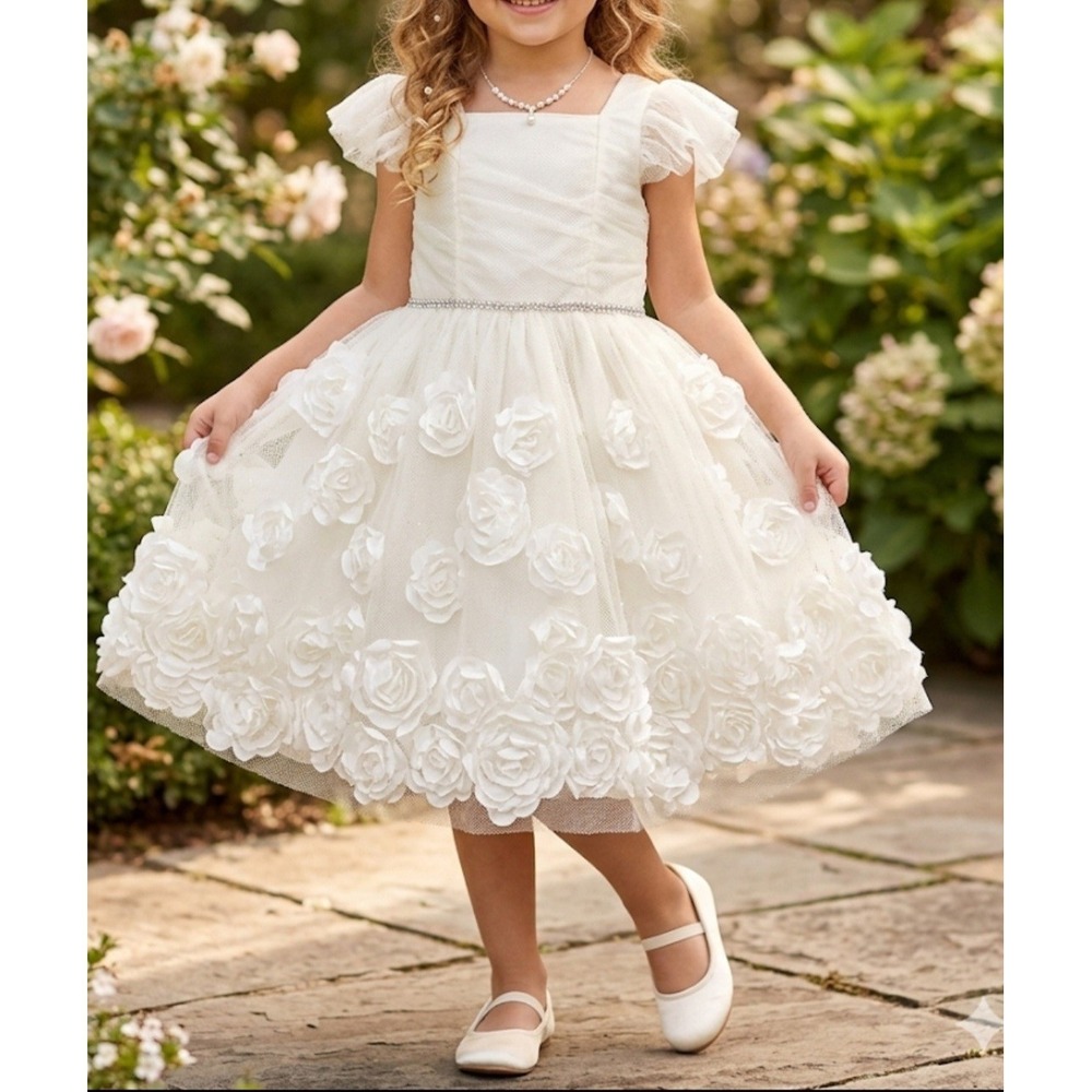 Nannette cream and white‎ girls' dress a sparkling waistband and 3D floral Sz 6X